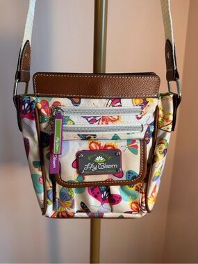 Lily Bloom Butterfly Print Crossbody with Brown Trim